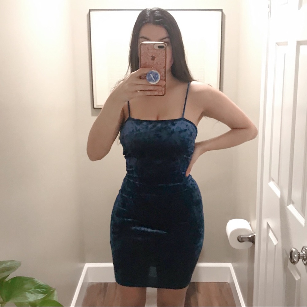 Crushed blue velvet mini dress